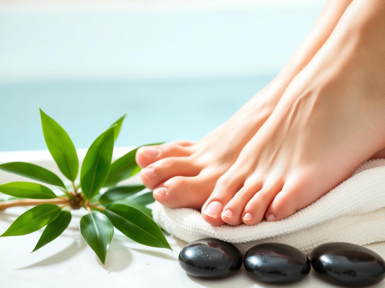 Healthy, clear toenails on well-groomed feet in a bright spa setting