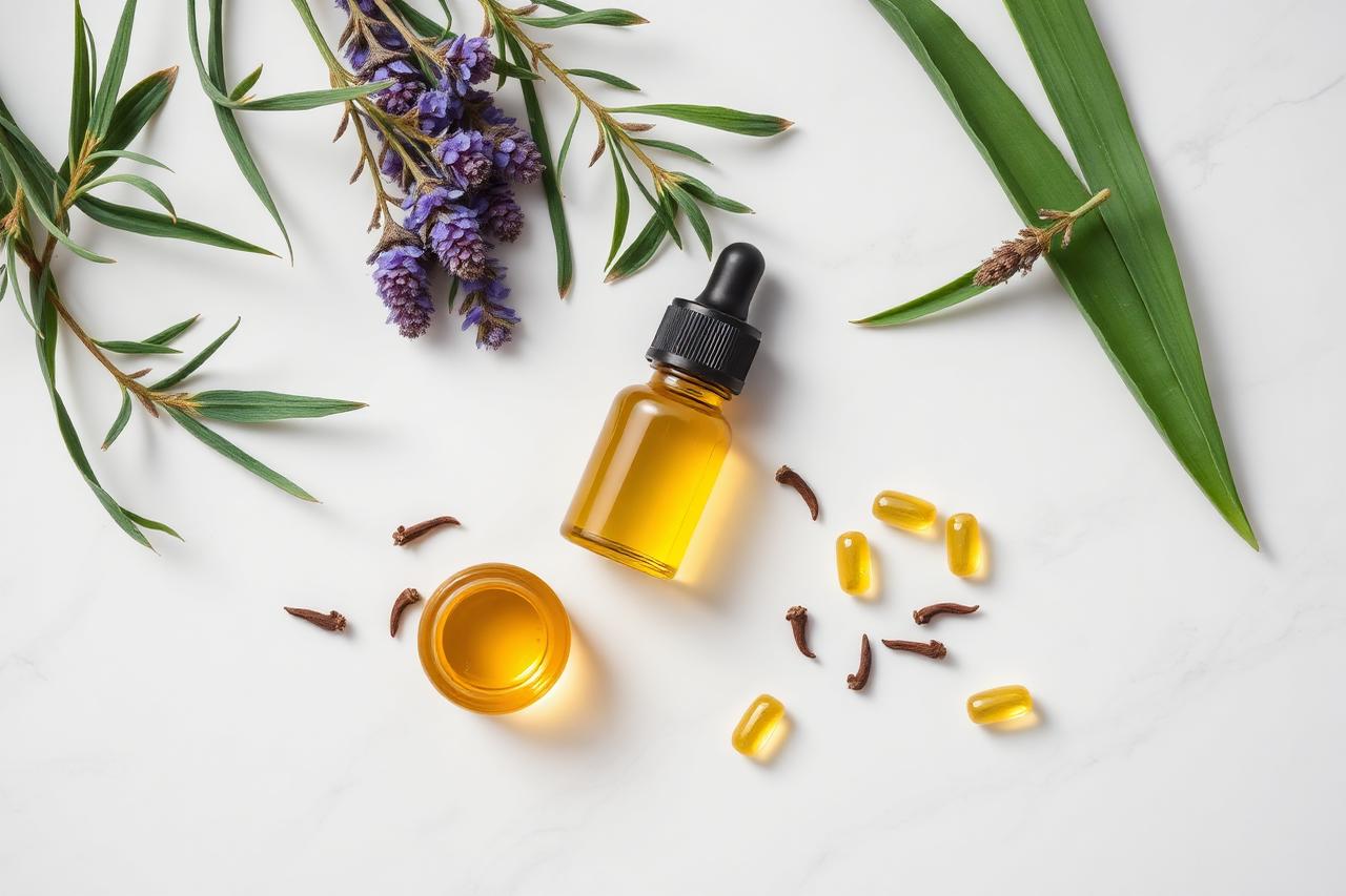 Natural ingredients used in Kerafirm Pro including tea tree, lavender, clove and vitamin E